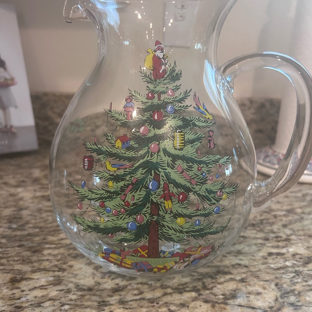 Spode Christmas Tree Glass Pitcher with Multicolor Design